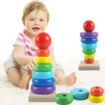 Rainbow Stacking Tower Toy – Wooden Rings, 7‑Piece Set