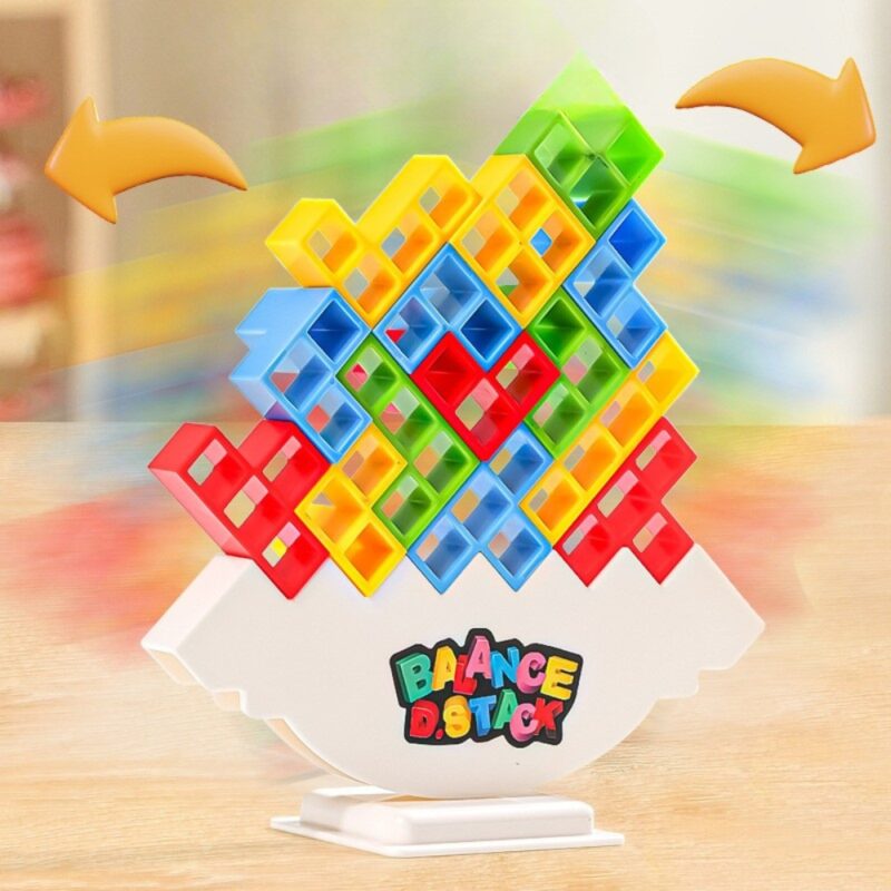 Krystal balance stacking game for kids with colorful puzzle blocks on a wobble base to improve hand-eye coordination.
