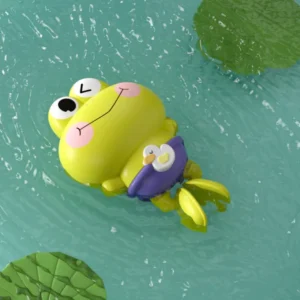 Krystal Smiley Frog wind-up floating bath toy for toddlers, green cartoon frog in water with lily pads