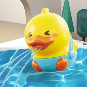 Floating yellow cartoon duck sprinkler bath toy with water spray feature for baby bathtub fun