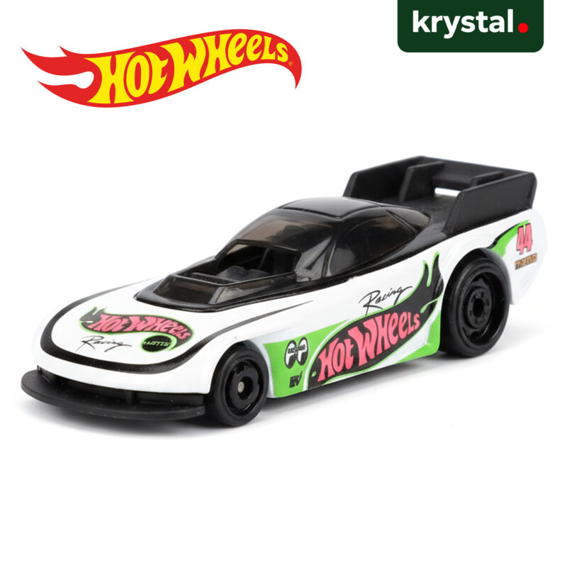 Hot Wheels Supercharged white dragster with green and pink racing graphics, 1:64 scale die-cast toy car