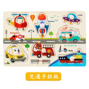 Krystal wooden Montessori transportation puzzle board with easy-grip knobs for toddlers learning vehicle shapes