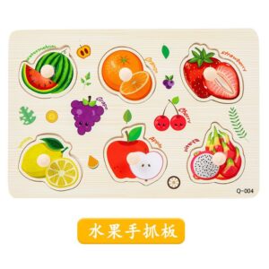 Krystal wooden Montessori fruit puzzle board with colorful peg pieces for toddler learning and fine motor skills