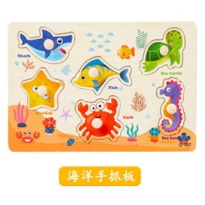 Krystal wooden Montessori puzzle board with sea animals shark, turtle, and crab for toddler learning