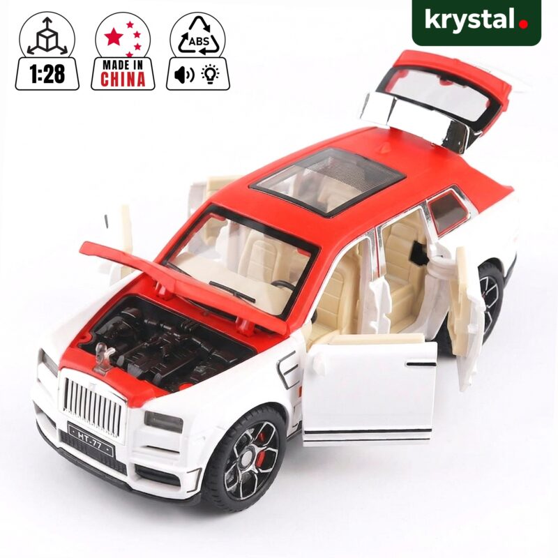 Krystal 1:28 scale Rolls-Royce inspired SUV toy car in red and white with open doors and hood