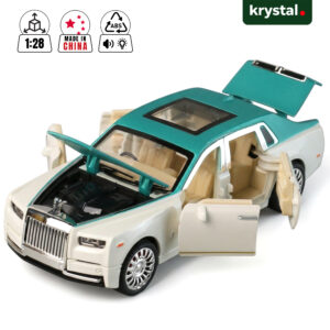 Teal and white Krystal Rolls-Royce Phantom six-door toy car with open hood, trunk, and 1:28 scale die-cast metal body.