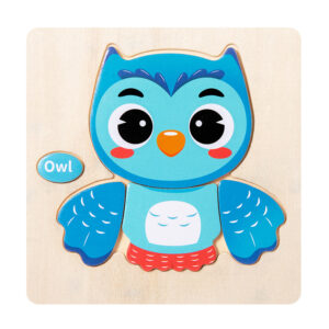 Blue wooden owl puzzle for toddlers, early learning chunky educational toy for kids