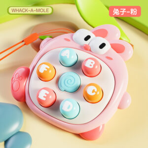 Pink rabbit Krystal mini whack-a-mole game toy for kids with alphabet buttons for interactive learning and coordination