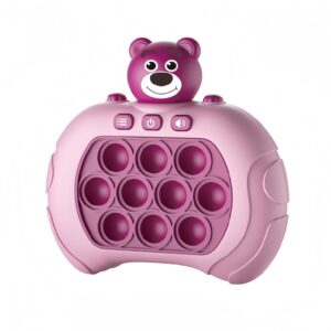 Handheld pink bear light-up pop bubble game toy with electronic fidget buttons and multiplayer modes