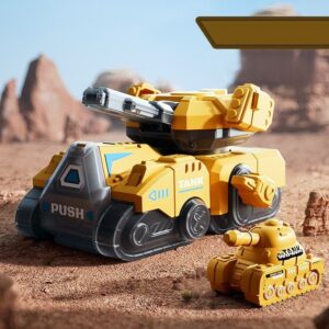 Yellow wind-up cartoon tank toy with 360-degree rotating turret and push action for kids