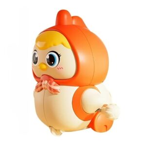 Wind-up magnetic mother chicken toy with orange hood and wobbling walk motion