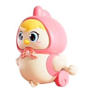Wind-up magnetic mother chicken toy with wobbling walk and pink bunny hood for toddlers
