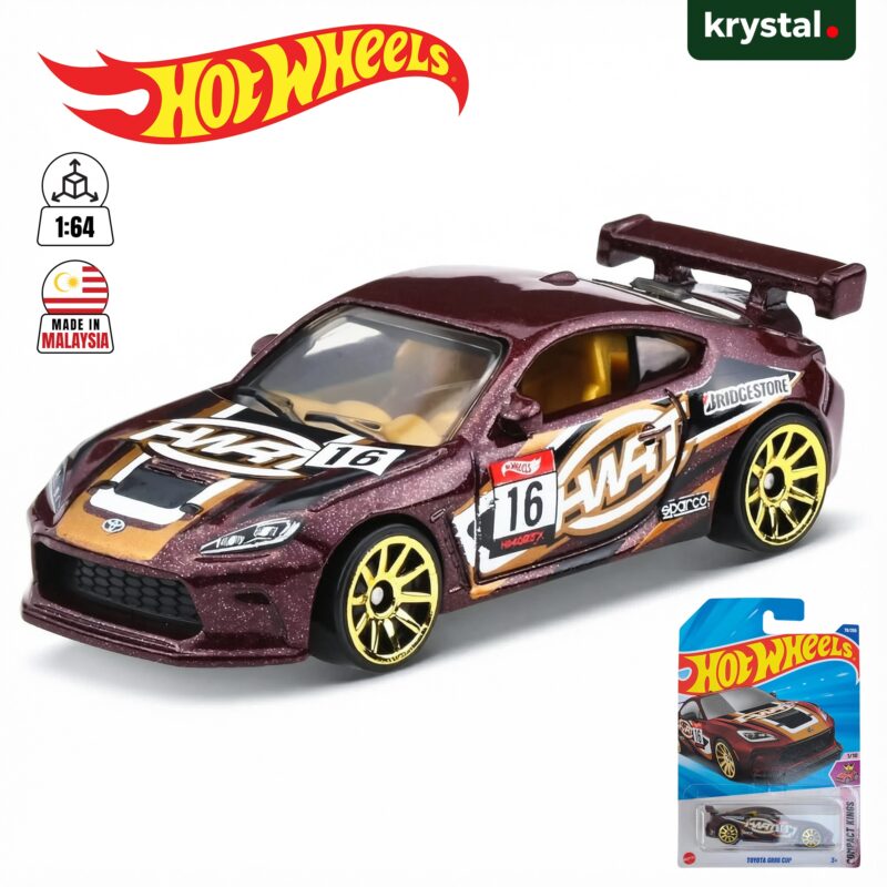 Hot Wheels Toyota GR86 Cup maroon die-cast 1:64 car with gold wheels and race livery 16, Compact Kings 79/250