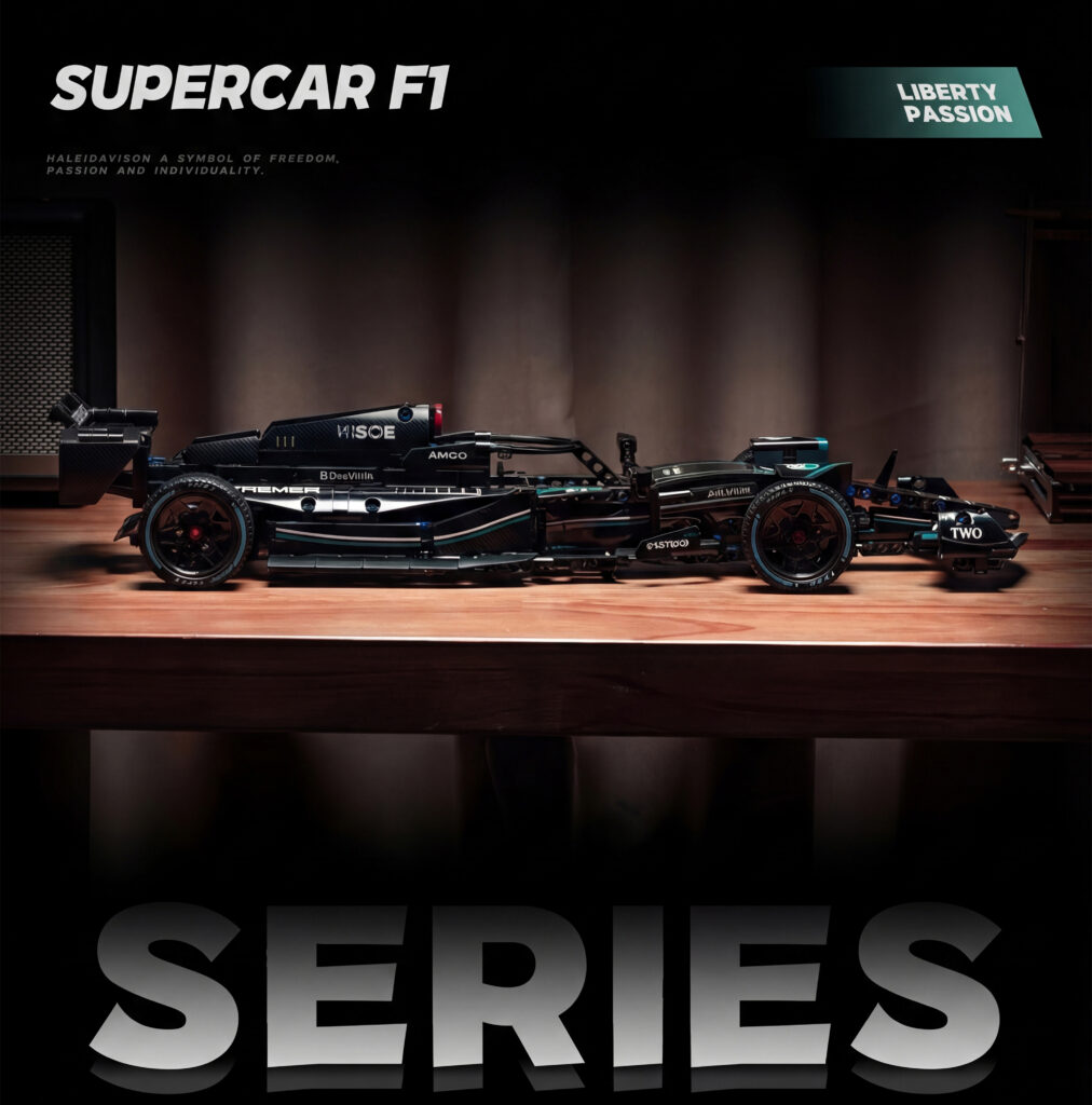 1:10 scale Technic Mercedes F1 building block model with black AMG livery for Formula 1 collectors