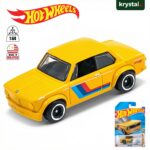 Yellow Hot Wheels BMW 2002 die-cast car 1:64 scale with M-style racing stripes