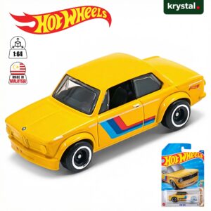 Yellow Hot Wheels BMW 2002 die-cast car 1:64 scale with M-style racing stripes