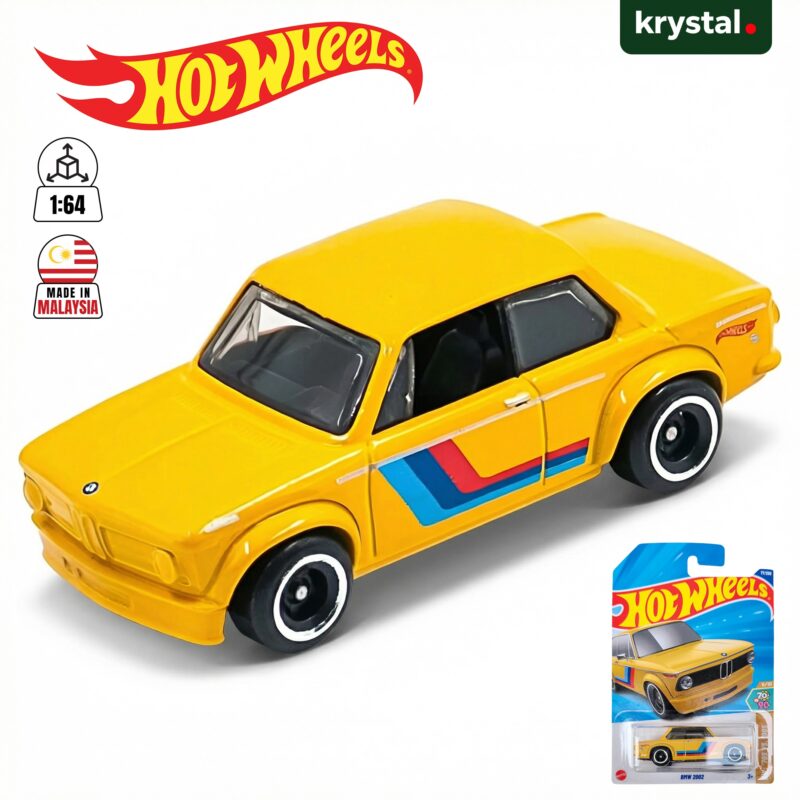Yellow Hot Wheels BMW 2002 die-cast car 1:64 scale with M-style racing stripes