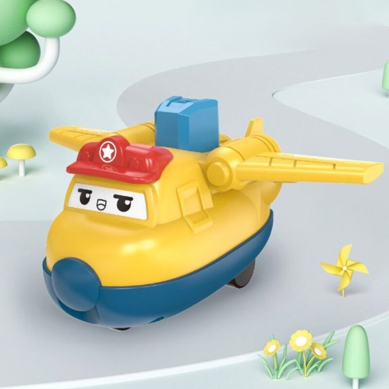 Yellow and blue push and go airplane toy with press cap mechanism and cartoon face for toddlers