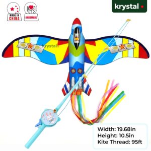 Krystal dynamic small flapping bird kite with fishing rod reel, 19-inch fighter jet design for kids outdoor play
