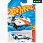 Hot Wheels Super Twin Mill white die-cast toy car with orange racing stripe and blue accents in original packaging