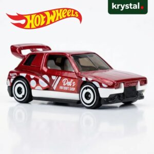 Hot Wheels Drift Box red die-cast toy car with Dot's HW Drift Shop white polka dot design