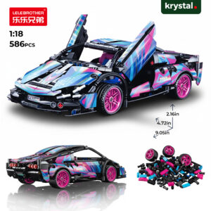 Krystal 1:18 Lambo Punk DIY pull-back racing car building blocks set, 586 pieces pink and blue cyberpunk STEM toy