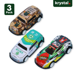 Krystal 3-pack mini pull-back toy cars featuring camouflage army, sanitation truck, and colorful alloy racing designs