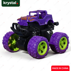 Purple friction powered monster truck toy with green stunt wheels by Krystal Curated