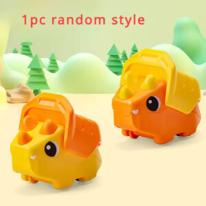 Orange and yellow press triceratops baby push toy with cartoon dinosaur design