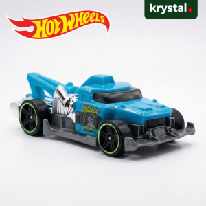Hot Wheels Hauleer Towing blue die-cast toy truck with green rimmed wheels and chrome engine
