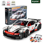 1:14 scale Porsche 911 inspired building block supercar model with RSR racing decals and technical dimensions