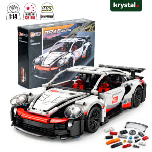 1:14 scale Porsche 911 inspired building block supercar model with RSR racing decals and technical dimensions