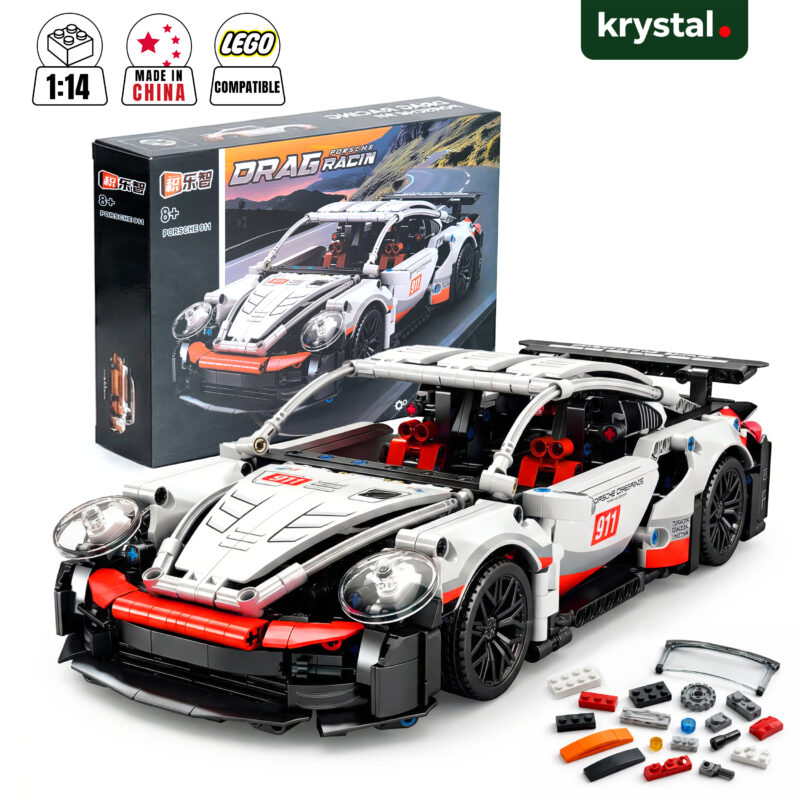 1:14 scale Porsche 911 inspired building block supercar model with RSR racing decals and technical dimensions