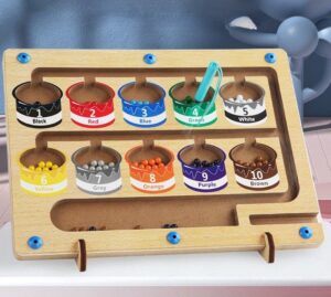 Wooden magnetic color and number sorting bead maze game for toddlers with magnetic wand