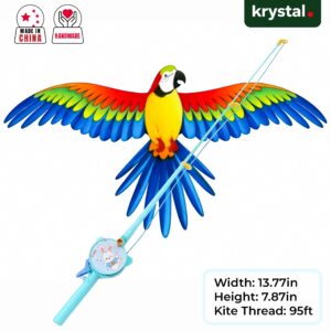 Krystal small flapping parrot bird kite with 95ft thread and fishing rod reel handle for kids