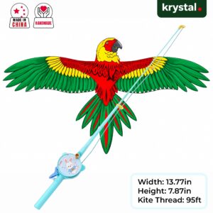 Krystal handmade small flapping parrot bird kite with blue fishing rod handle launcher and 95ft thread