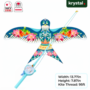 Handmade Krystal dynamic flapping bird kite with lotus pattern and blue fishing pole launcher for kids