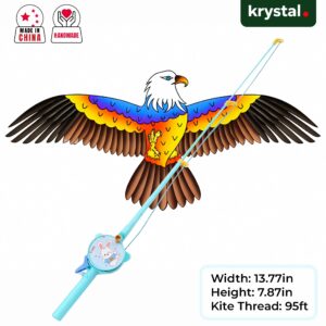 Krystal flapping eagle bird kite with fishing rod reel, 95ft thread, and handmade colorful wings