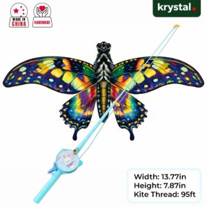 Krystal handmade colorful butterfly flapping bird kite with blue fishing rod reel and 95ft thread
