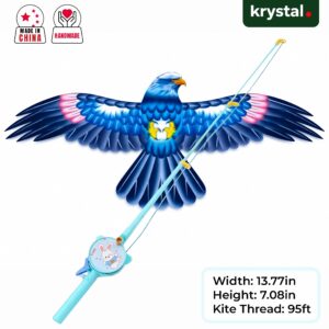 Krystal blue eagle flapping bird kite with fishing rod launcher and 95ft string for kids outdoor play