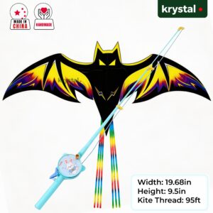 Krystal handmade black and yellow bat kite with blue fishing rod reel handle and 95ft thread for kids