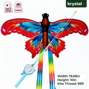 Krystal handmade dynamic flapping butterfly kite with fishing rod reel and 95ft line for kids outdoor play