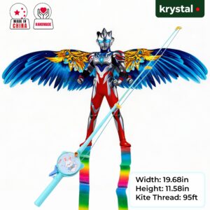 Handheld Krystal Ultraman bird kite with flapping blue wings, 95ft thread, and rainbow ribbons for kids