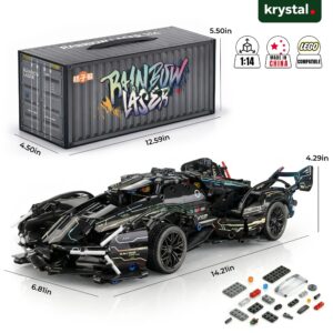 Black 1:14 scale Technic supercar LEGO-compatible building set with dimensions and Rainbow Laser container box