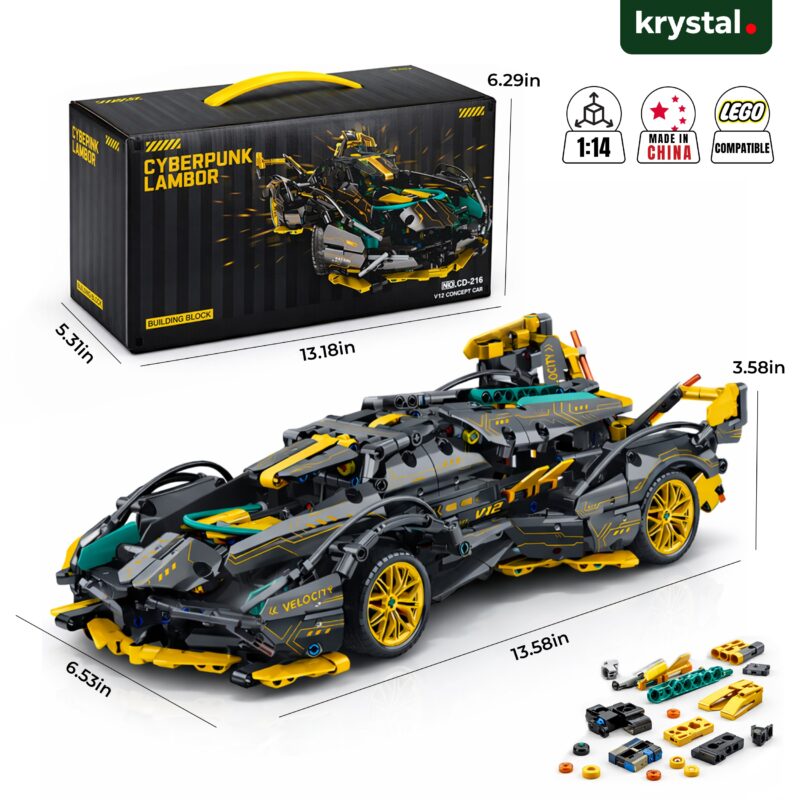 Krystal 1:14 scale Cyberpunk Lambor Technic supercar building block set, LEGO compatible V12 concept car model