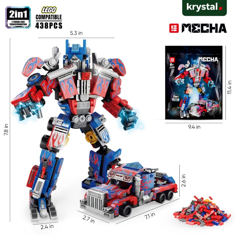 2-in-1 robot truck building block set with 438 pieces, LEGO-compatible transforming mecha toy with flame decals