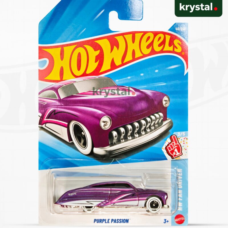 Hot Wheels Purple Passion purple die-cast car with white wall tires and pink decals in original packaging