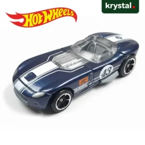 Blue metallic Hot Wheels RRRoadster die-cast toy car with white racing stripes and number 43 decals