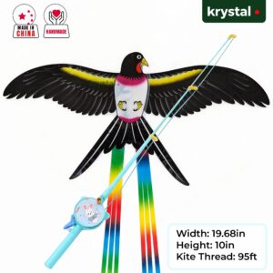 Krystal handmade flapping bird kite for kids with 95ft fishing rod reel and rainbow tails