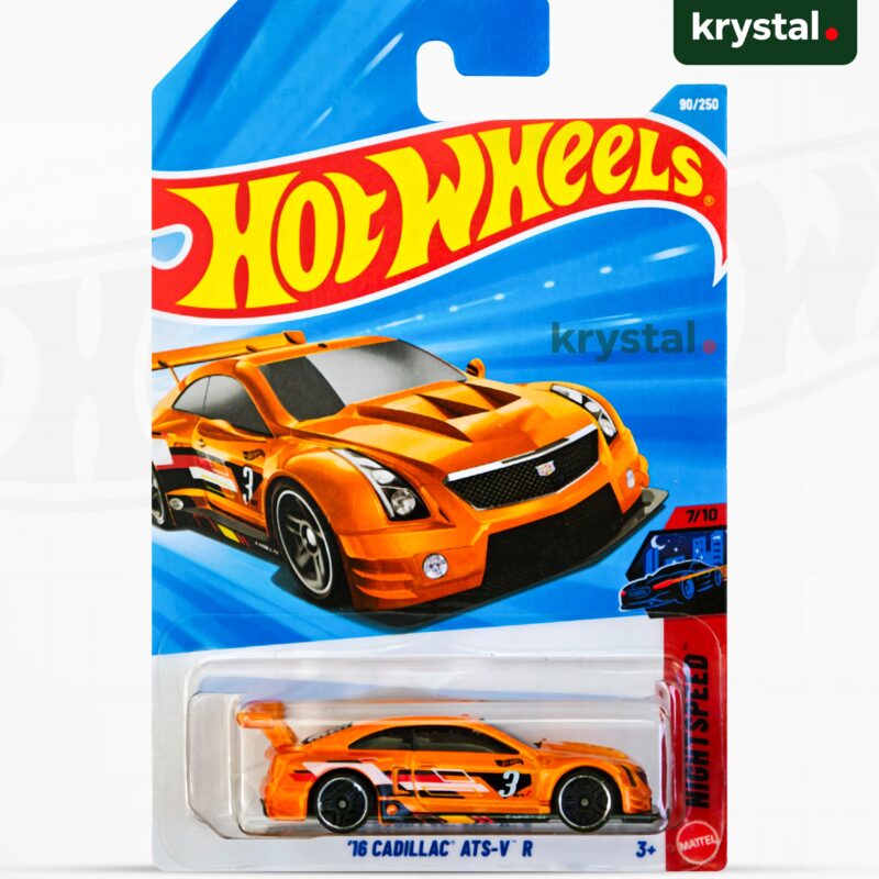 Hot Wheels '16 Cadillac ATS-V R orange die-cast car, HW Nightspeed 1:64 scale race car with #3 graphics